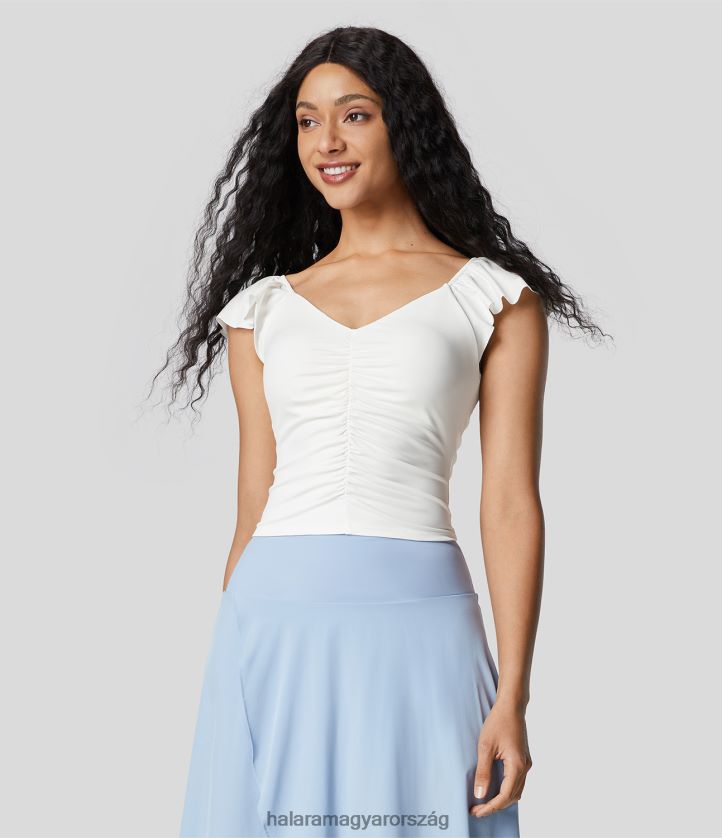 ruházat Halara v nyakú, domború fodros rövid ujjú, hát nélküli, rövidített alkalmi felső fehér nők 8FPF801944