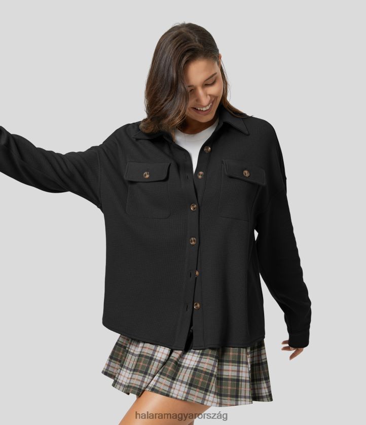 ruházat Halara galléros ejtett vállfedős zsebgomb elöl ívelt szegély tömör oversize gofri alkalmi kabát fekete nők 8FPF802054