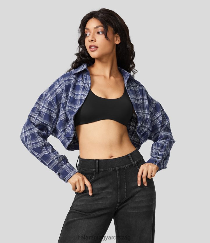 ruházat Halara galléros gombos hosszú ujjú, rövidített kockás alkalmi kabát mélykék kockás nők 8FPF801953