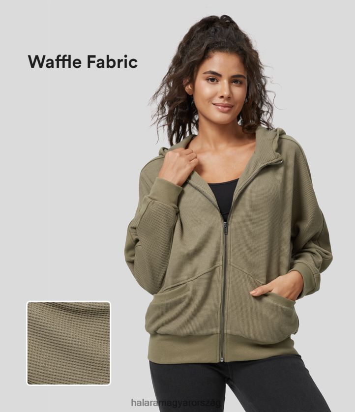 ruházat Halara kapucnis cipzárral leesett vállzseb gofri alkalmi kabát mély kendőzöld nők 8FPF802052