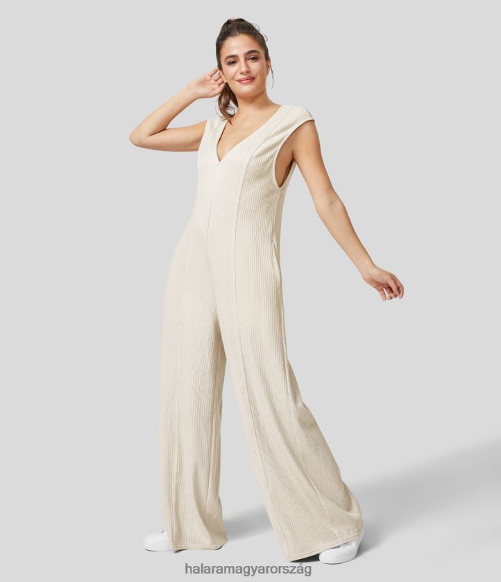 ruházat Halara bordás v nyakú hát nélküli oldalzseb széles szárú alkalmi kombiné suttogja fehér nők 8FPF802103