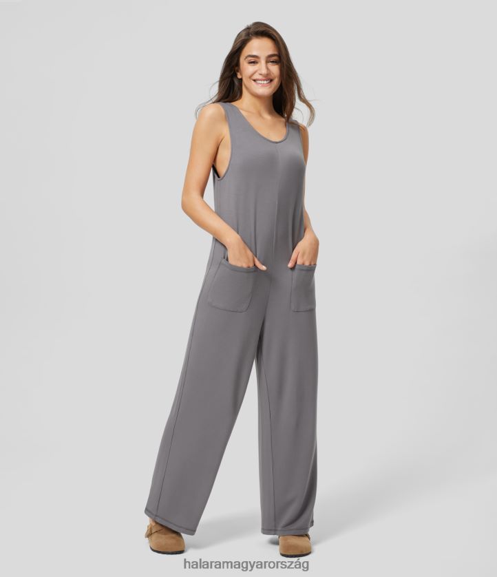 ruházat Halara gombóc nyakú ujjatlan zsebes egyenes szárú alkalmi jumpsuit gránitszürke nők 8FPF802086