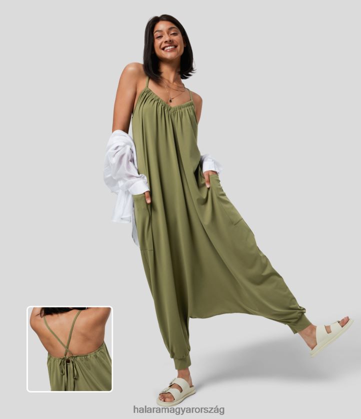 ruházat Halara háttámla nélküli keresztben fűzős oldalzsebű hárem alkalmi kombiné capulet olíva nők 8FPF802111