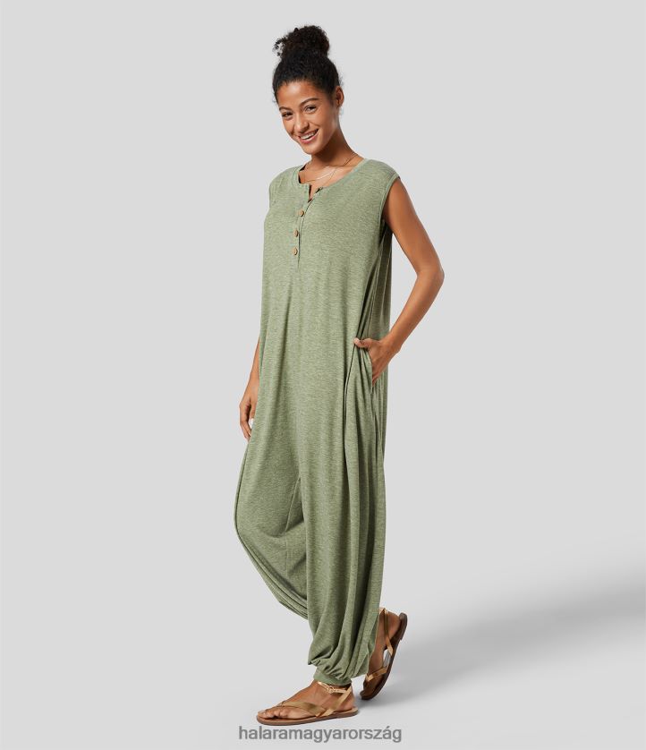 ruházat Halara henley nyakú ujjatlan oldalzseb relax resort hárem jumpsuit világoszöld virágos fonal nők 8FPF802072