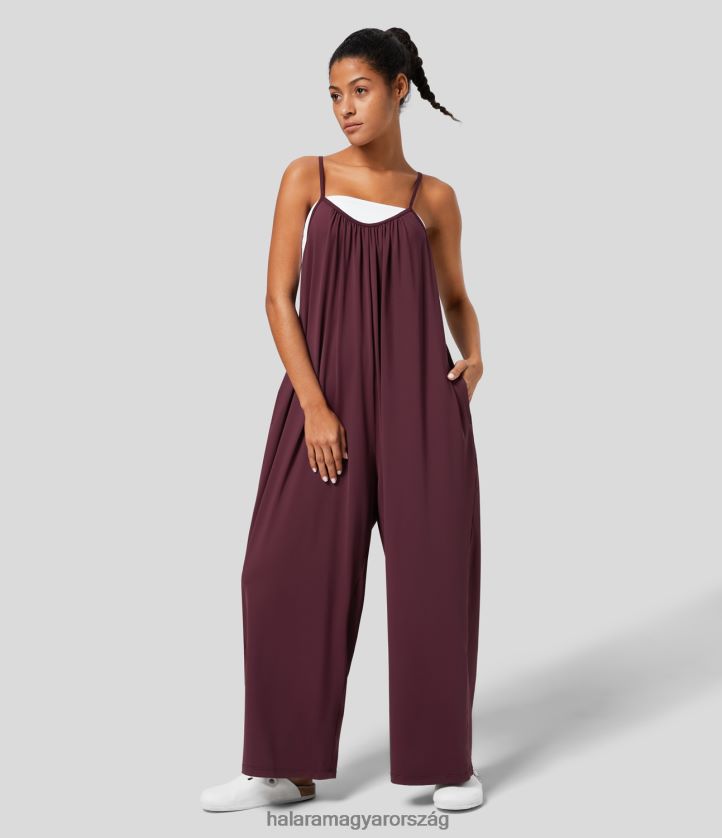 ruházat Halara spagetti állítható pánttal, oldalsó zsebbel masszív, széles lábú, laza, laza jumpsuit sötét karmazsin nők 8FPF802089