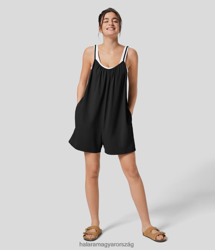 ruházat Halara spagetti állítható pánttal, oldalzsebekkel masszív, széles szárú alkalmi jumpsuit csap cipő nők 8FPF802074