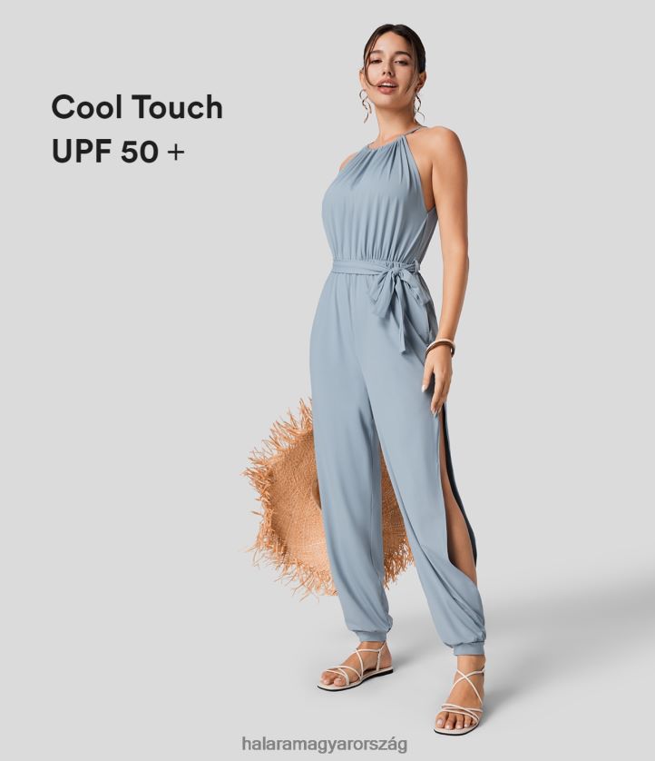 ruházat Halara ujjatlan nyakkendő hátul plicált öves oldalzseb kivágott cool touch resort jumpsuit kék köd nők 8FPF802071