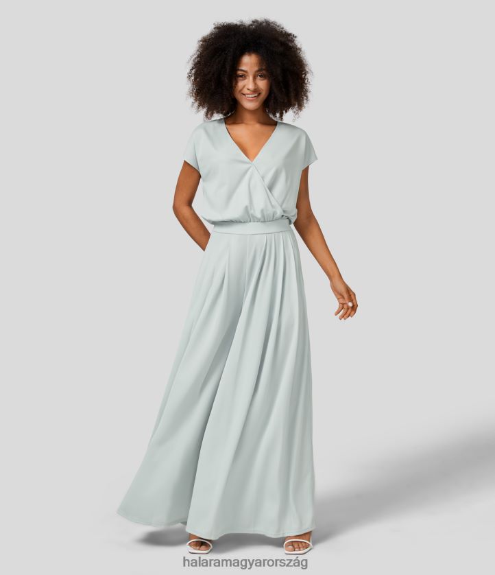 ruházat Halara v Nyakú, rövid ujjú, oldalzsebből álló, széles szárú, gofris alkalmi jumpsuit fagy tiszta köd nők 8FPF802069