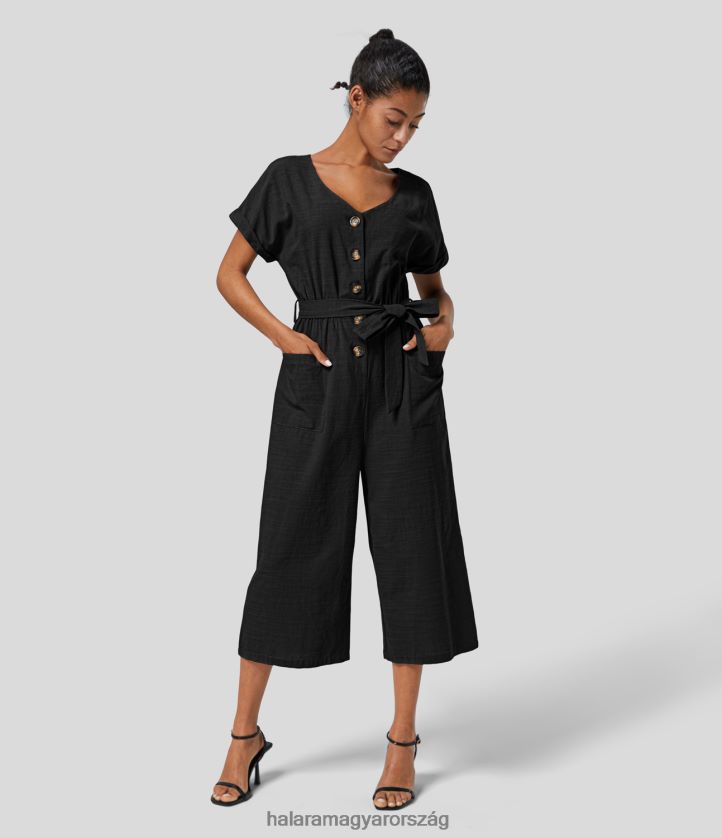 ruházat Halara v nyakú rövid ujjú gomb oldalzseb övvel széles szárú alkalmi pamut jumpsuit fekete nők 8FPF802083