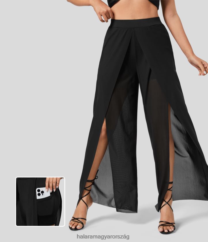 ruházat Halara Magas derekú, 2 az 1-ben oldalzsebből álló, egyenes szárú, kontrasztos hálós, folyós üdülőnadrág fekete nők 8FPF80453