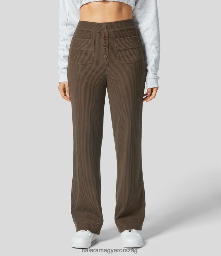 ruházat Halara bordázott kötött, magas derekú gomb több zsebes egyenes szárú alkalmi nadrág vastag földbarna nők 8FPF80478