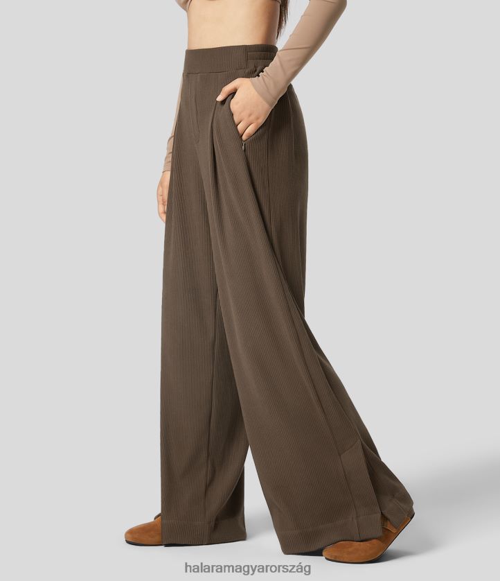ruházat Halara bordázott kötött, magas derekú, több zsebes, osztott szegélyű, széles szárú alkalmi nadrág vastag földbarna nők 8FPF80187