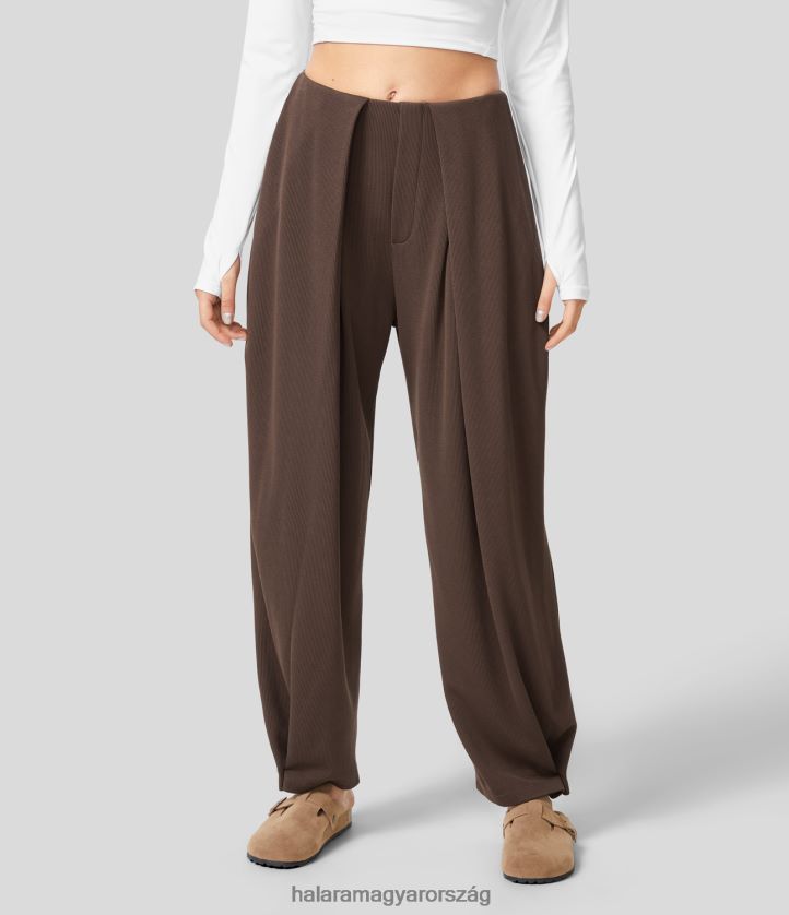 ruházat Halara bordázott, magas derekú oldalzsebekkel állítható gombszegélyű alkalmi nadrág gesztenye nők 8FPF80451