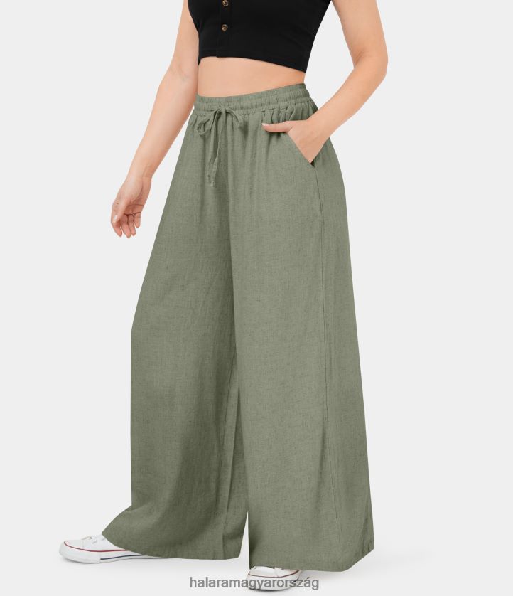 ruházat Halara elasztikus derékpánt húzózsinóros oldalzseb széles szárú alkalmi pamutnadrág sötétszürke zöld nők 8FPF80215