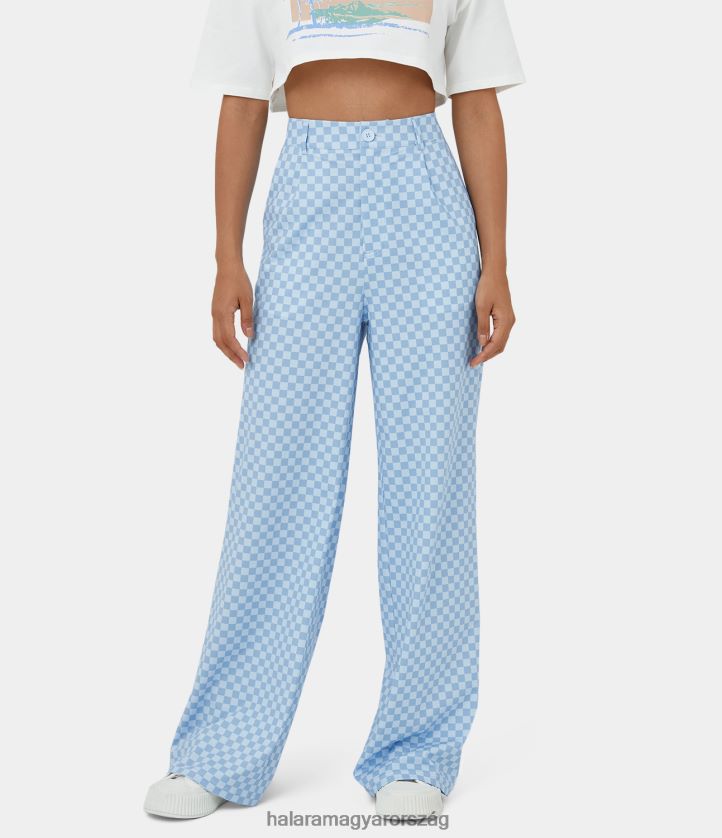 ruházat Halara középen emelkedő gomb cipzáras oldalzseb széles szárú kockás alkalmi nadrág kék négyzet nők 8FPF80200