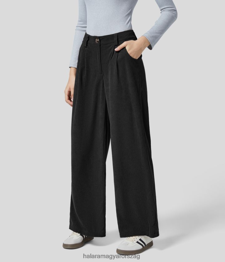 ruházat Halara középen emelkedő gomb cipzáras oldalzseb tömör kordbársony széles szárú alkalmi nadrág fekete nők 8FPF80182