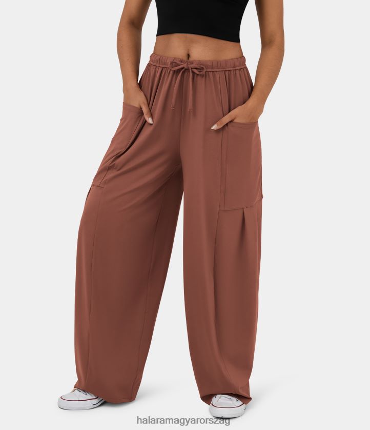 ruházat Halara középen emelkedő rugalmas derékpánt húzózsinóros oldalzseb palazzo flowy széles szárú alkalmi nadrág juharszirup nők 8FPF80117