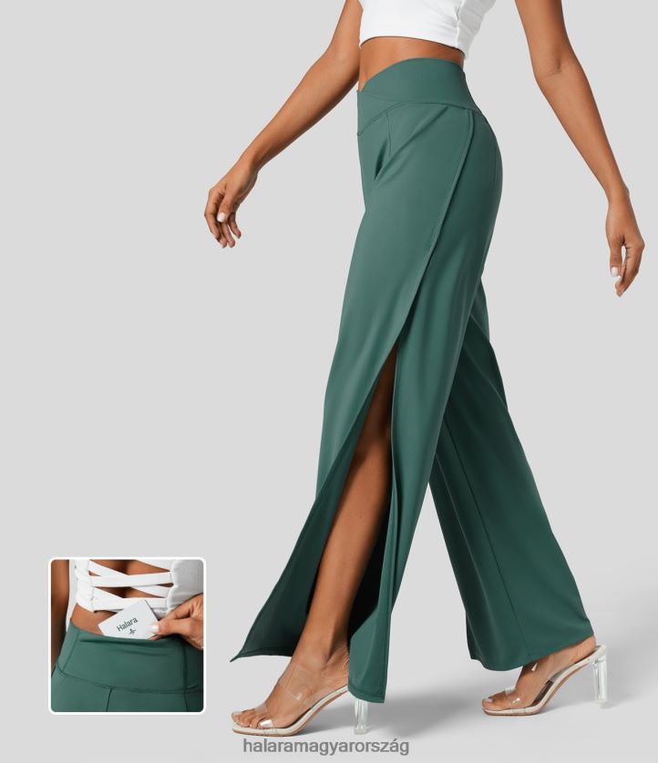 ruházat Halara magas derekú crossover hátsó zseb, osztott széles szárú alkalmi nadrág kék lucfenyő nők 8FPF80148