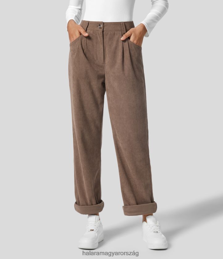 ruházat Halara magas derekú gombos cipzáras oldalzseb kordbársony alkalmi nadrág kakaóbarna nők 8FPF80461