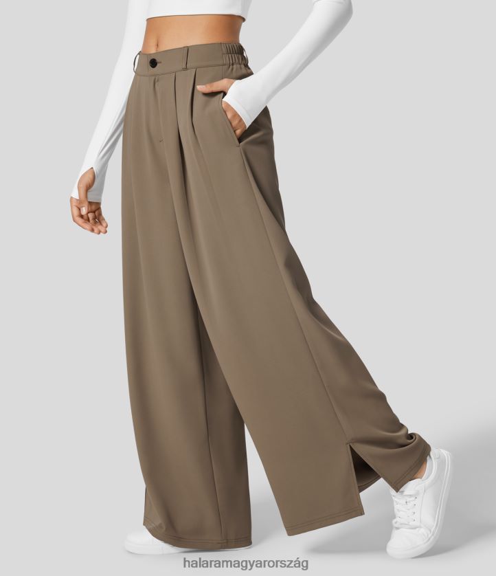 ruházat Halara magas derekú gombos cipzáras oldalzseb osztott szegélyű széles szárú munkanadrág szépia árnyalat nők 8FPF80147