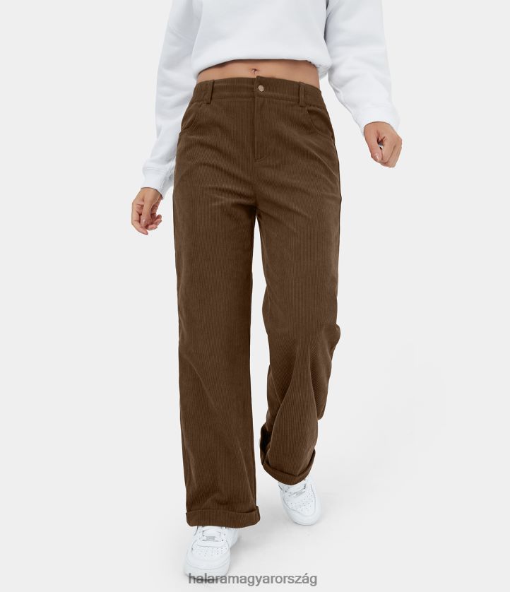 ruházat Halara magas derekú gombos cipzáras zseb kordbársony széles szárú alkalmi nadrág égett fa barna nők 8FPF80179