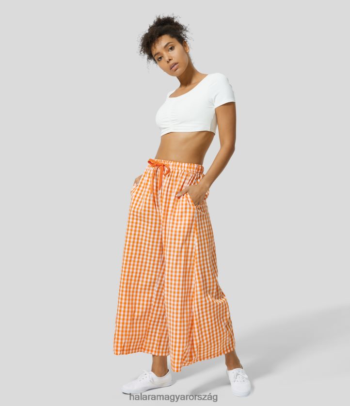 ruházat Halara magas derekú húzózsinóros oldalzseb gingham széles szárú alkalmi pamutnadrág narancssárga fehér gingham nők 8FPF80130