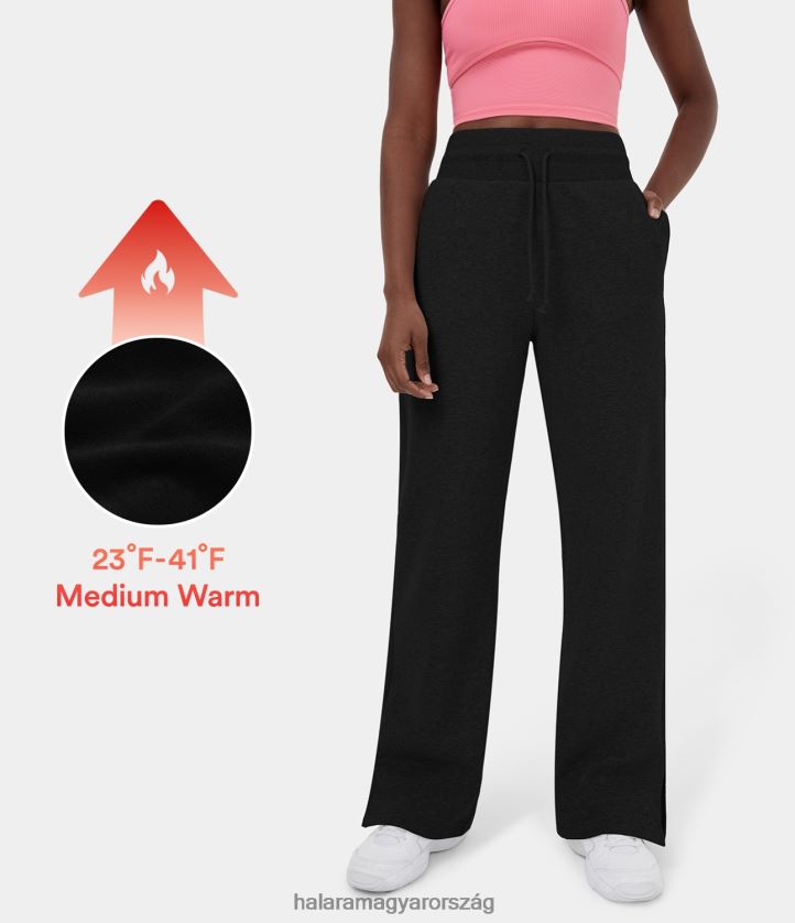 ruházat Halara magas derekú húzózsinóros oldalzseb osztott széles szárú polár alkalmi pamut melegítőnadrág fekete nők 8FPF80197