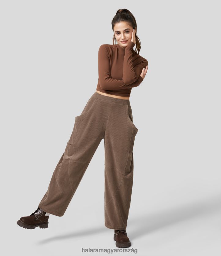 ruházat Halara magas derekú oldalzsebű kordbársony alkalmi széles szárú nadrág kakaóbarna nők 8FPF80177
