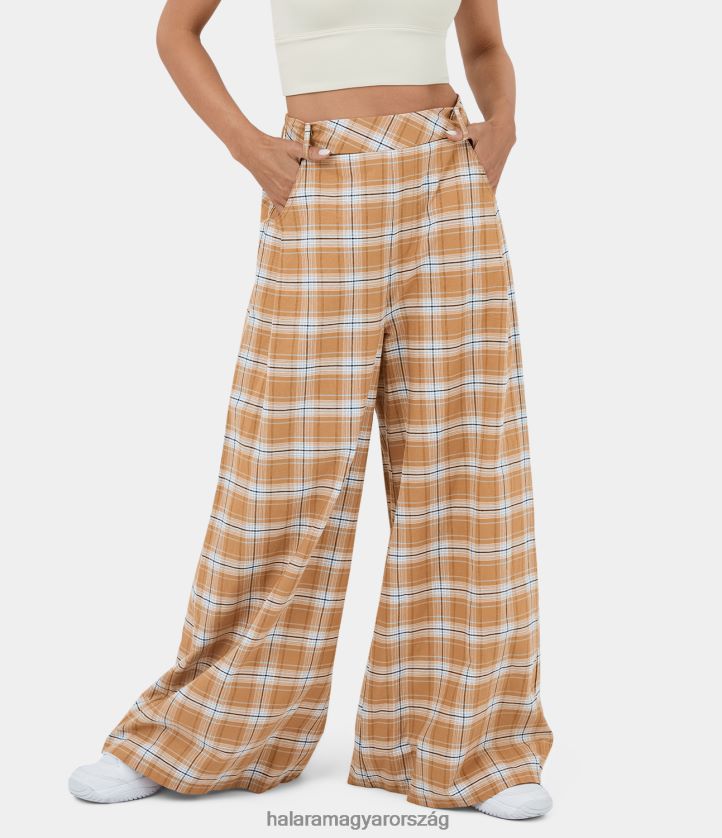 ruházat Halara magas derekú oldalzsebből készült, széles szárú kockás alkalmi pamutnadrág barna kockás nők 8FPF80159