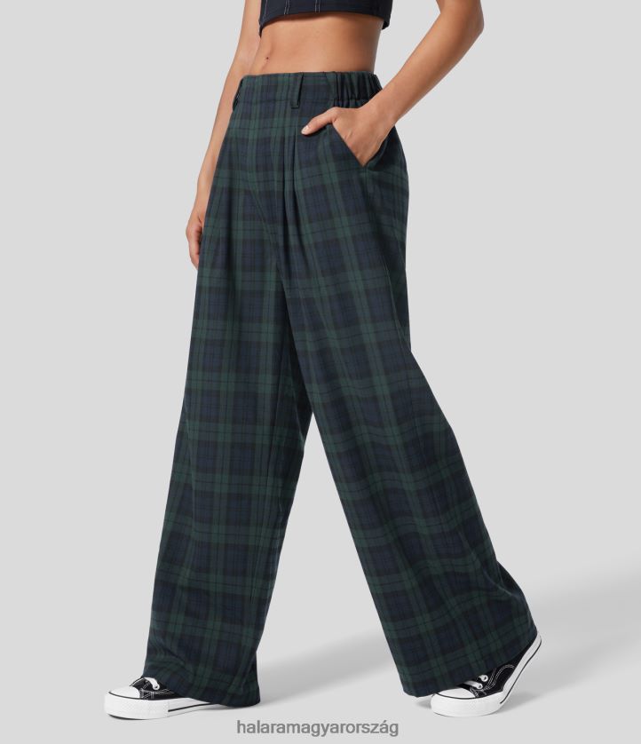 ruházat Halara magas derekú plicált oldalzseb kockás széles szárú alkalmi nadrág kék zöld pléd nők 8FPF80175