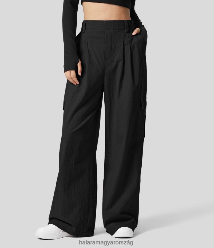 ruházat Halara magas derekú, több zsebes, széles szárú, masszív palazzo alkalmi pamutnadrág fekete nők 8FPF80185