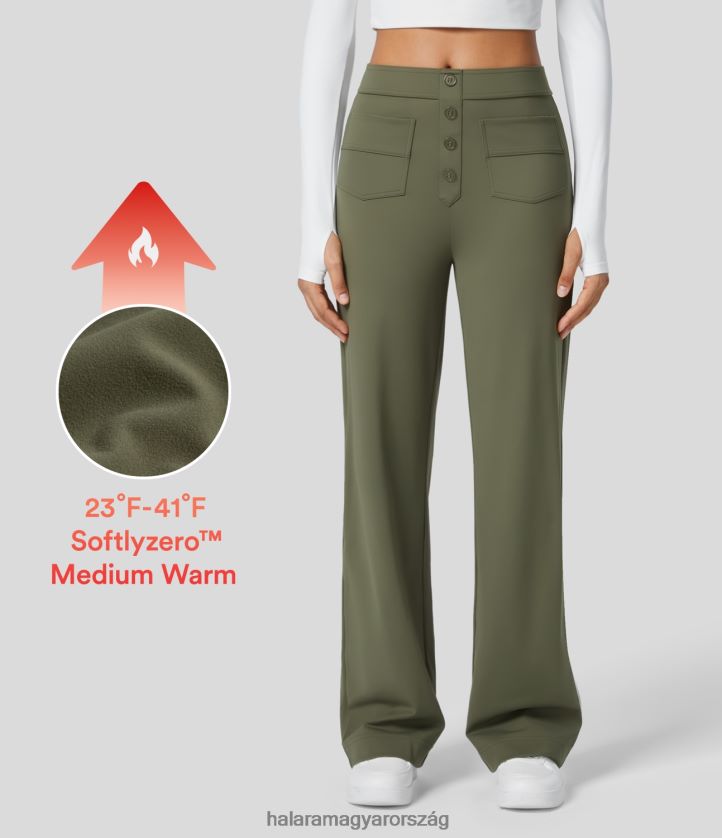 ruházat Halara softlyzero gyapjú magas derekú gomb több zsebes egyenes szárú alkalmi nadrág fű szürke zöld nők 8FPF80452