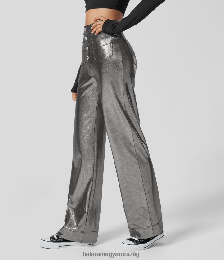 ruházat Halara softlyzero műbőr magas derekú dekoratív gomb több zseb fémes fóliamintás rugalmas parti egyenes szárú nadrág fényes fekete ezüst nők 8FPF80460