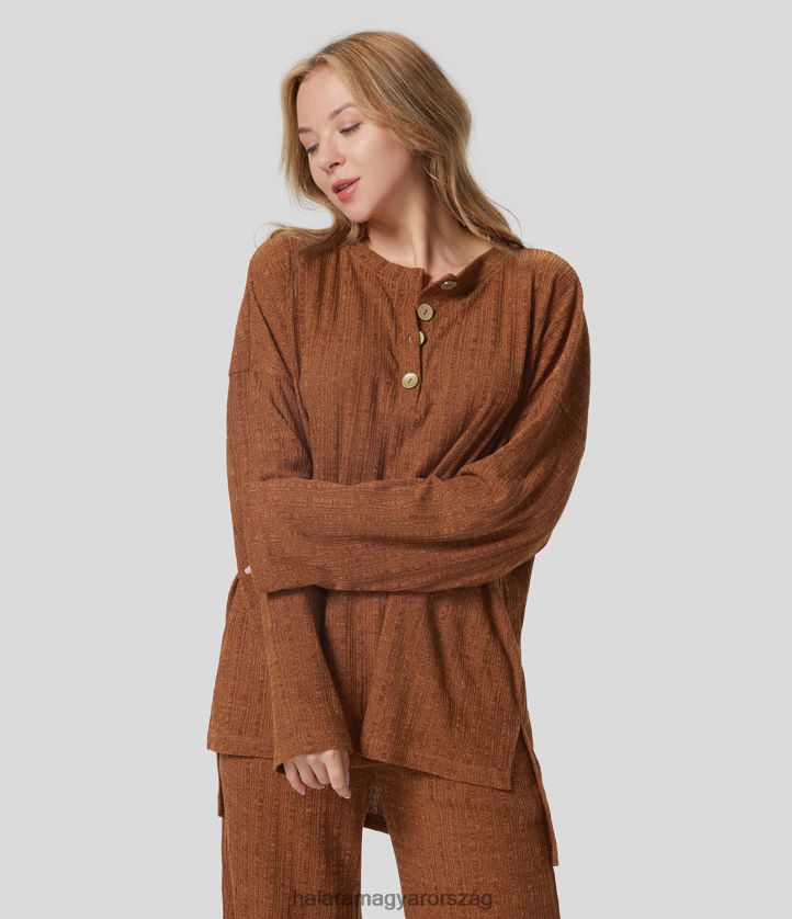 ruházat Halara bordás henley nyakú magas, alacsony hasított szegélyű oversize alkalmi pulóver teavörös virágos fonal nők 8FPF801998