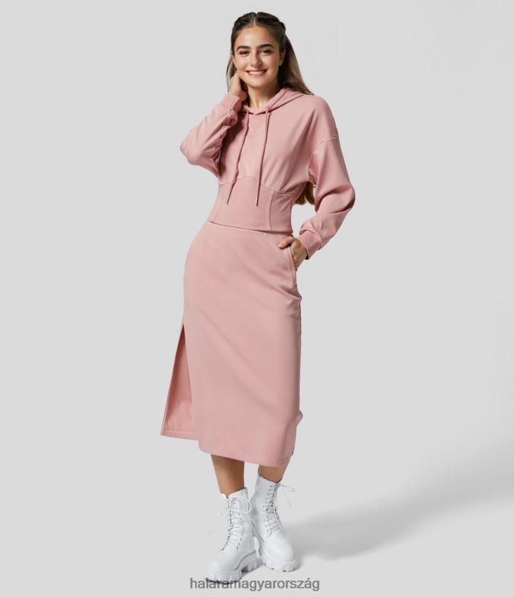 ruházat Halara bordás kapucnis húzózsinóros ejtett vállfűző alkalmi pulóver lágy rózsa nők 8FPF802001