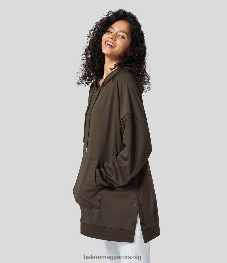 ruházat Halara bordás kapucnis húzózsinóros raglán ujjú kenguru zseb osztott pattintható gomb oversize alkalmi pulóver delicioso nők 8FPF802012