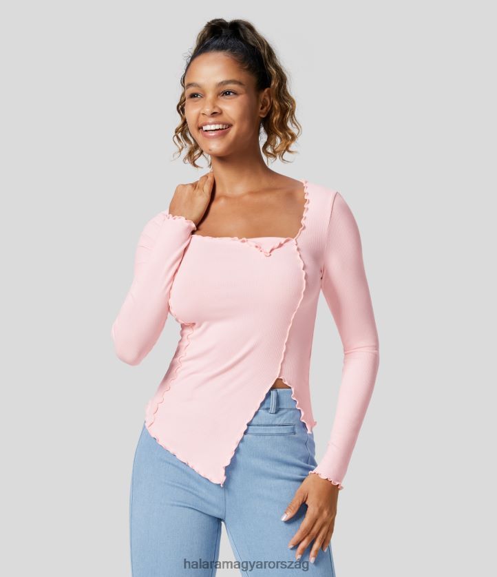 ruházat Halara bordázott, szögletes nyakú saláta díszítés, aszimmetrikus szegély, karcsú, alkalmi felső rózsa köd rózsaszín nők 8FPF802003