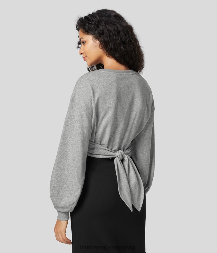 ruházat Halara környakú püspökujj crossover nyakkendő hátul alkalmi pamut pulóver ködszürke nők 8FPF802020