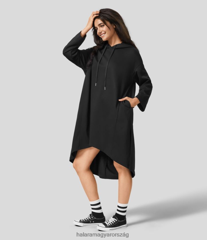 ruházat Halara kapucnis húzózsinór hosszú ujjú oldalzseb osztott magas, alacsony alkalmi hosszú zsinóros pamut pulóver fekete nők 8FPF802028