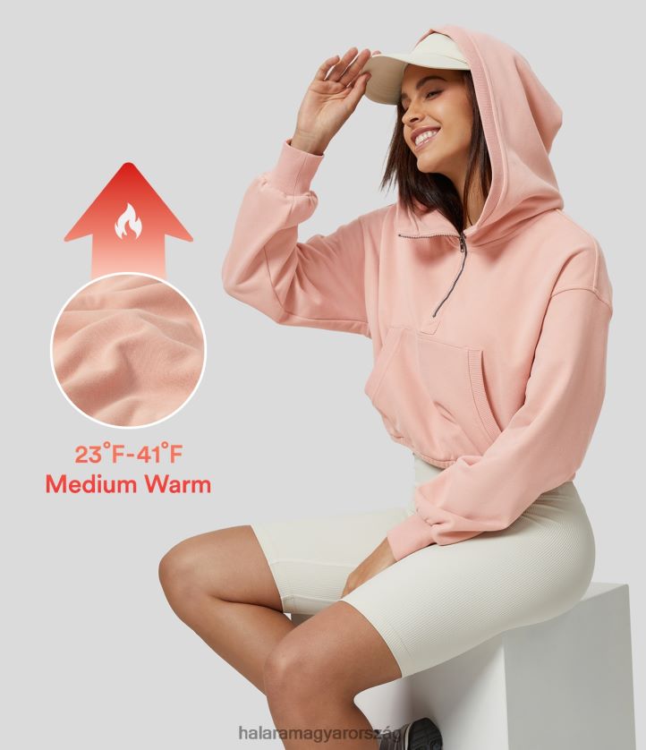 ruházat Halara kapucnis leesett váll félcipzáras kenguru zsebes tömör polár alkalmi pamut pulóver sápadt pír nők 8FPF802017