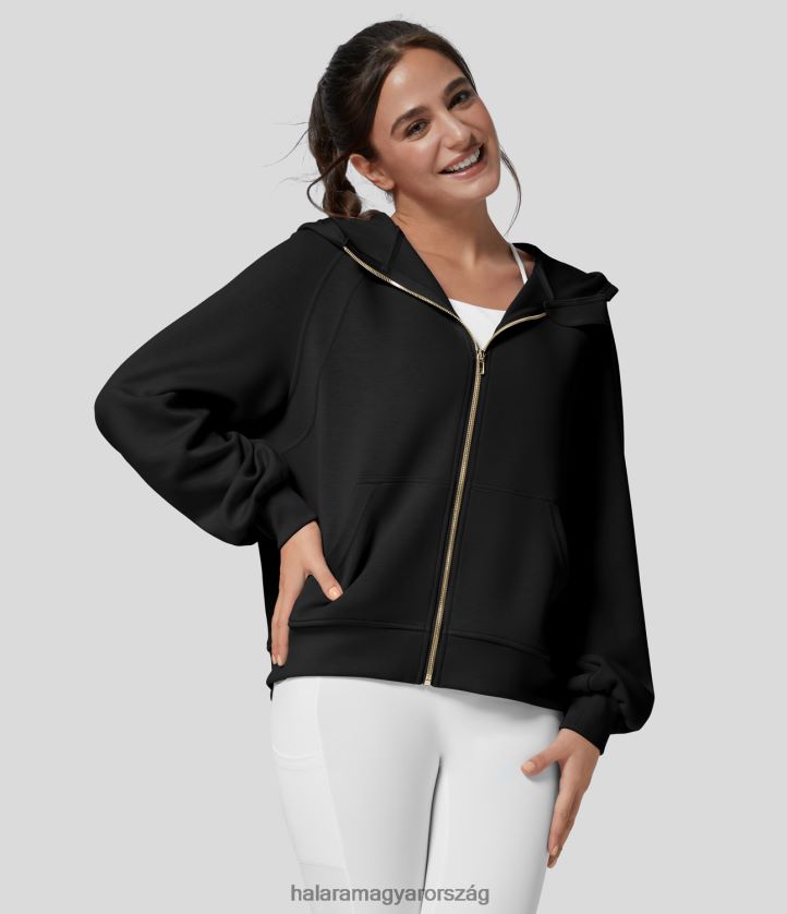 ruházat Halara kapucnis raglán püspök ujjú cipzáras kenguru zsebes alkalmi pulóver fekete nők 8FPF802004