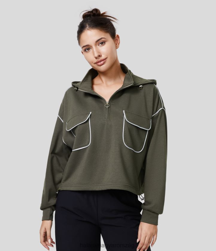 ruházat Halara levehető kapucni magas gallérral félcipzáras zseb állítható húzózsinórral, alkalmi pamut pulóver szőlőlevél nők 8FPF802013