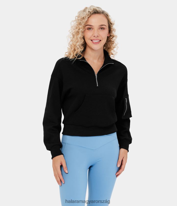ruházat Halara állógallér félcipzáras vállra süllyesztett kenguruzseb gofri alkalmi pamut pulóver fekete nők 8FPF802009