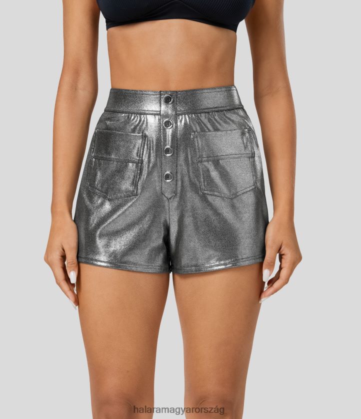 ruházat Halara softlyzero műbőr magas derekú dekoratív gomb több zseb fémes fóliamintás rugalmas alkalmi rövidnadrág fényes fekete ezüst nők 8FPF801539