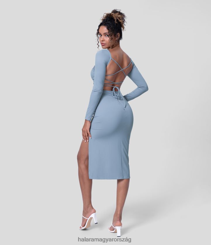 ruházat Halara barázdált hát nélküli, keresztben fűzős, hosszú ujjú, osztott bodycon midi alkalmi ruha hópehely kék nők 8FPF801088