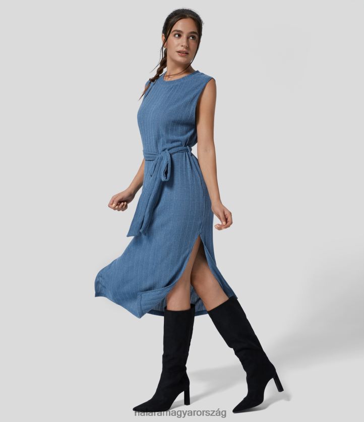 ruházat Halara bordás környakú ujjatlan öves hasított szegélyű tömör midi alkalmi ruha lucfenyő kék nők 8FPF801209