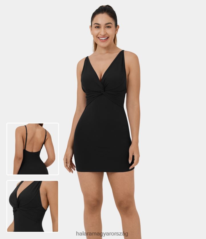 ruházat Halara bordás kötött ujjatlan hát nélküli mély v nyakú csavart mini alkalmi ruha fekete nők 8FPF801037