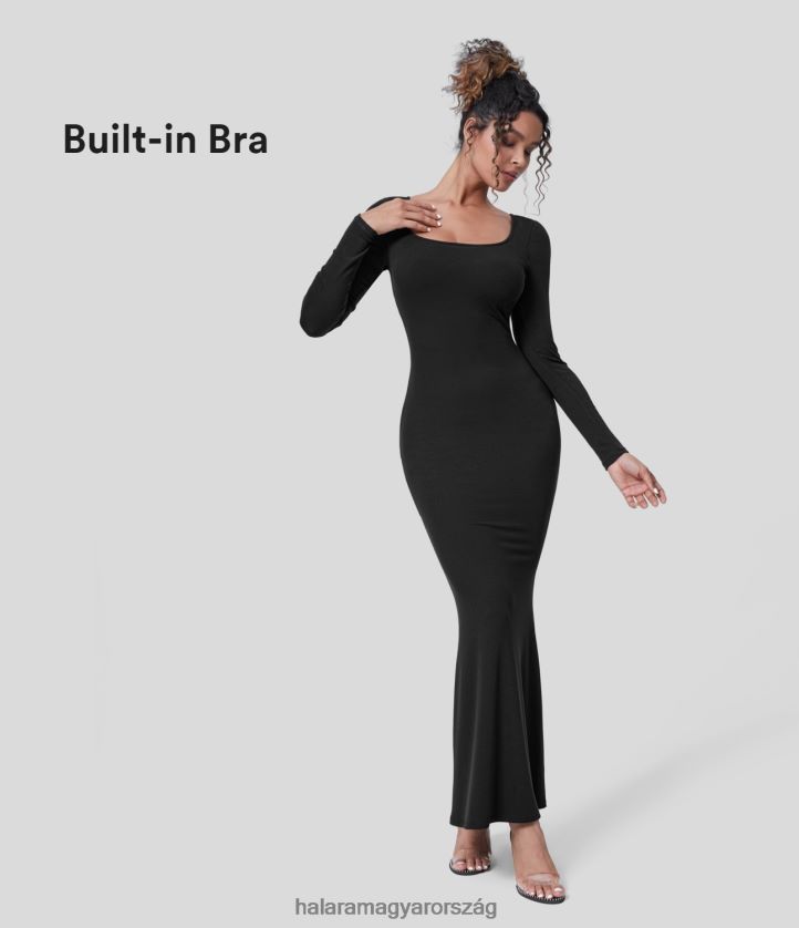 ruházat Halara bordás u nyakú, hosszú ujjú bodycon maxi party ruha fekete nők 8FPF801110