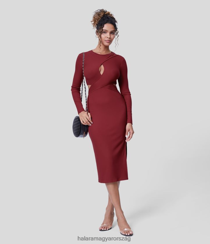 ruházat Halara bordázott crossover kivágott hosszú ujjú, osztott szegélyű bodycon midi party ruha skarlátvörös mosoly nők 8FPF801123