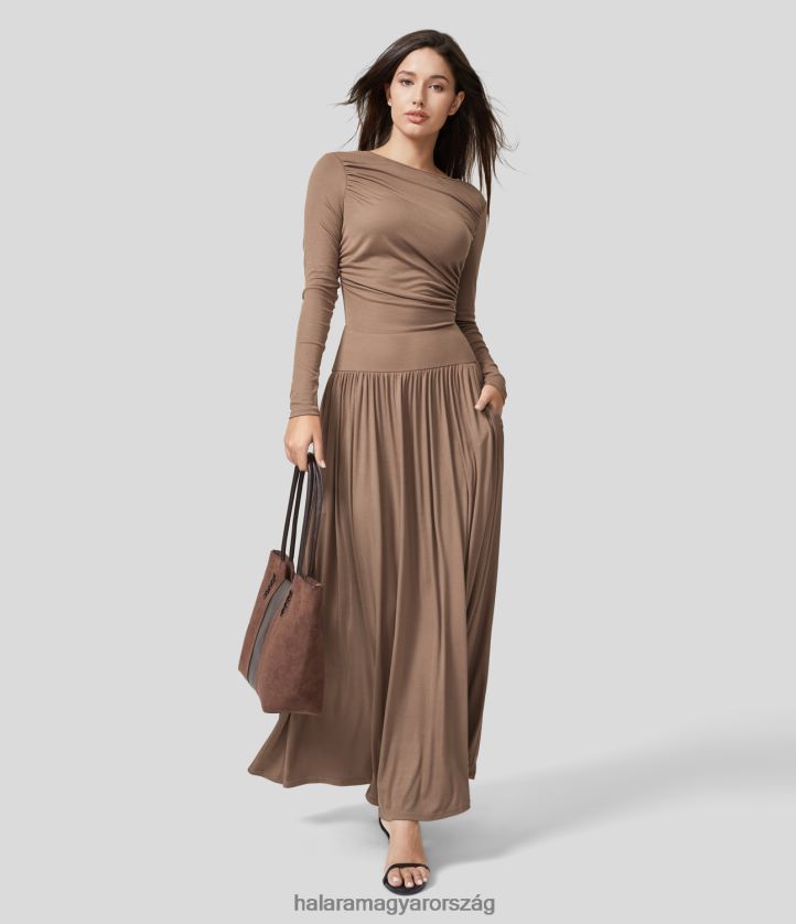 ruházat Halara bordázott csónaknyakú, domború oldalzsebből folyós maxi alkalmi ruha hód bundája nők 8FPF801149